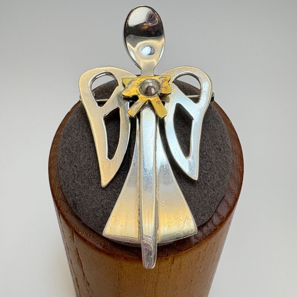 VTG Solid Sterling Silver 925 Spoon Angel Pin Brooch Size 2.25" Length